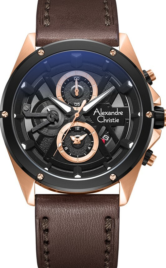 萬年鐘錶 - Alexandre Christie  6620MC系列   全黑玫瑰金框運動休閒款三眼計時皮革男錶  AC手錶  6620MCLBRBA 錶徑44MM