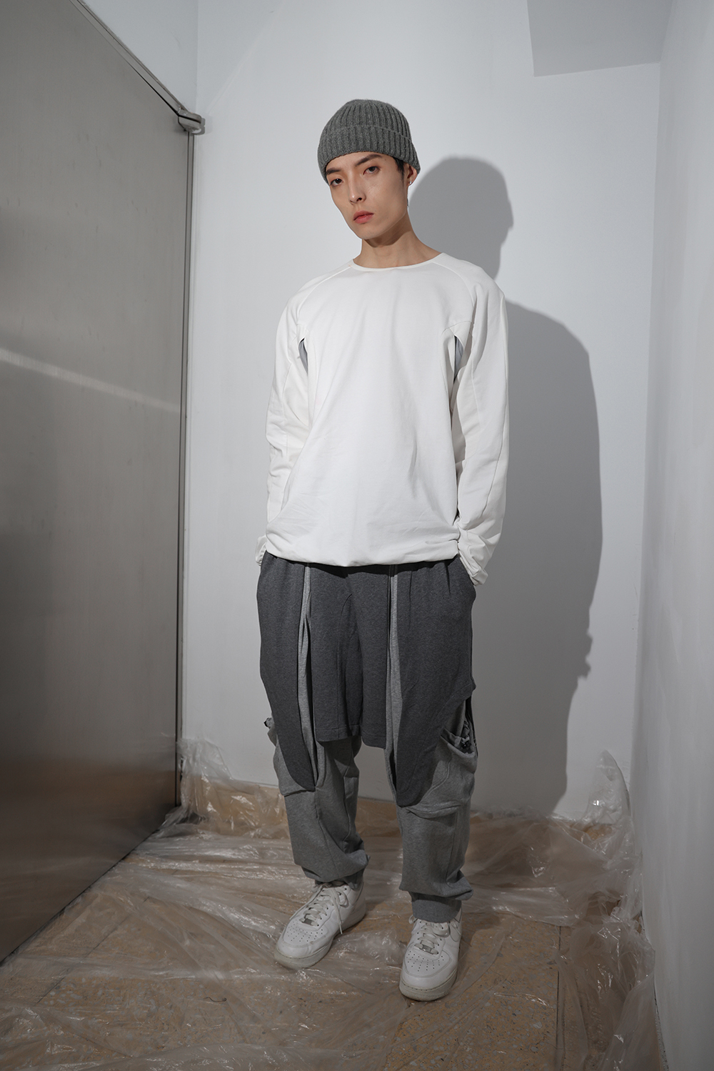 休閒工裝剪裁棉褲-灰