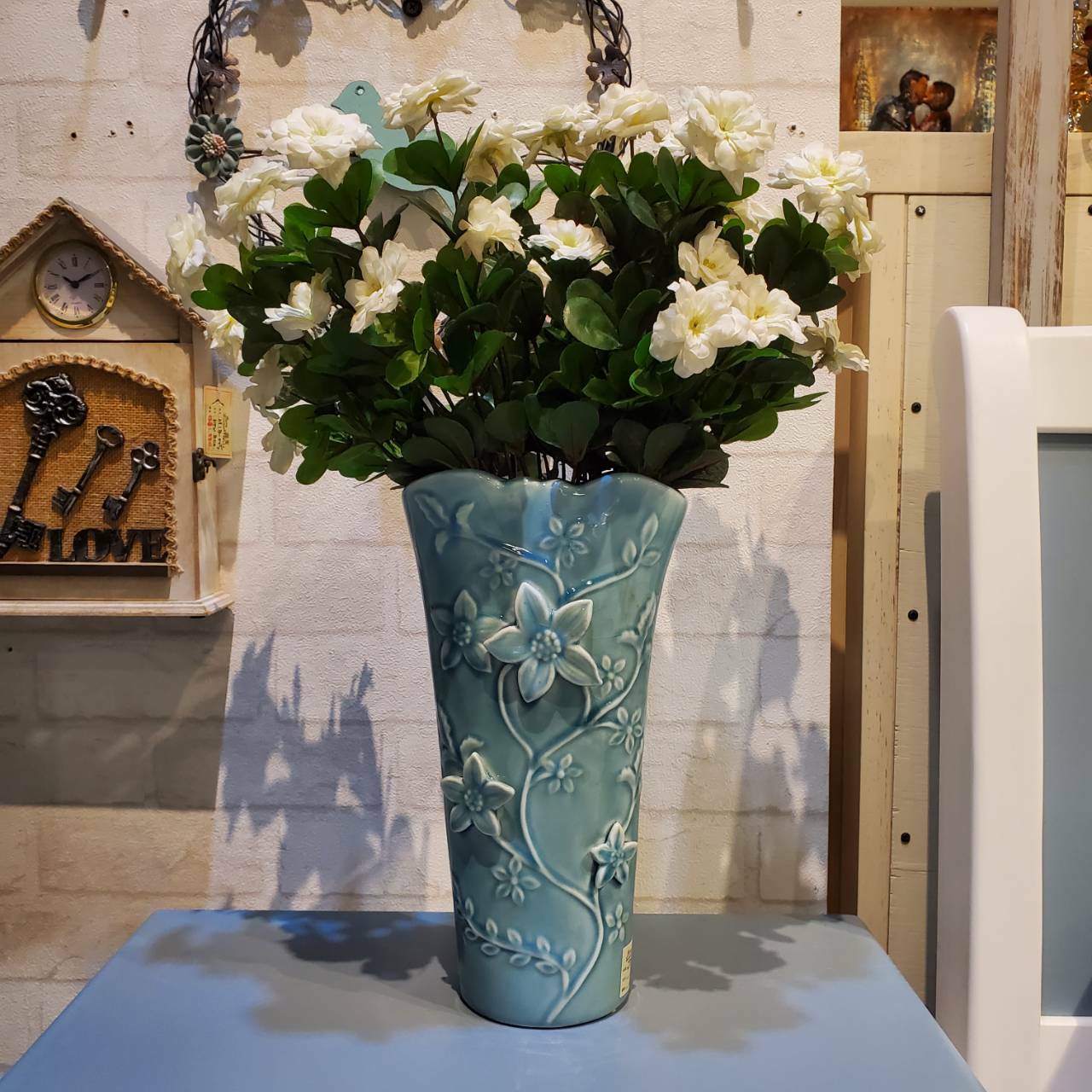 藍色花朵長花瓶