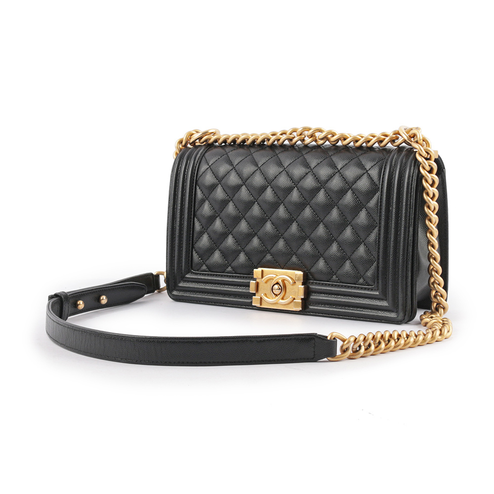 【CHANEL】荔枝牛皮菱格紋金釦 Boy Chanel 25cm(黑色) CH1A000096