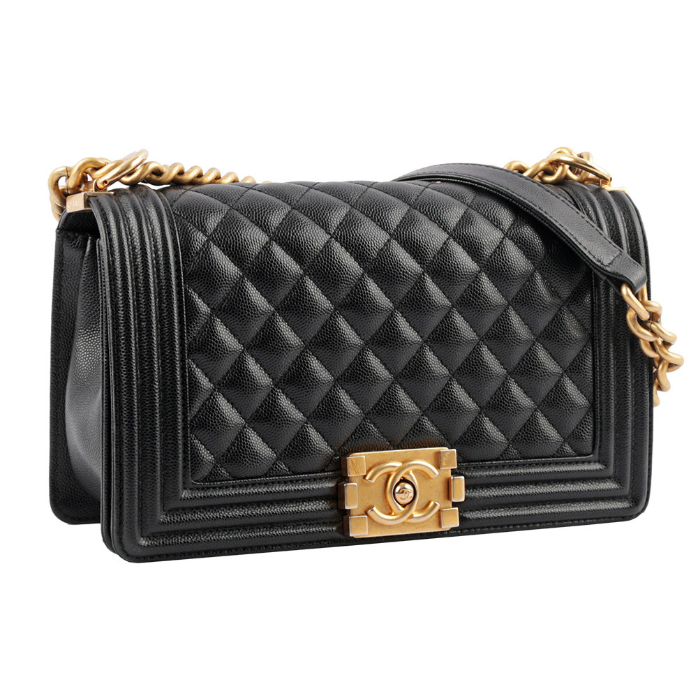 【CHANEL】荔枝牛皮菱格紋金釦 Boy Chanel 25cm(黑色) CH1A000096