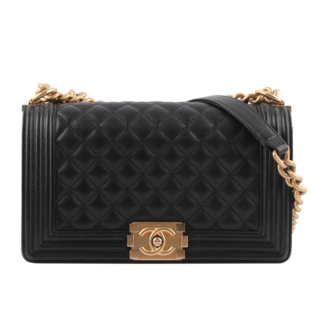 【CHANEL】荔枝牛皮菱格紋金釦 Boy Chanel 25cm(黑色) CH1A000096