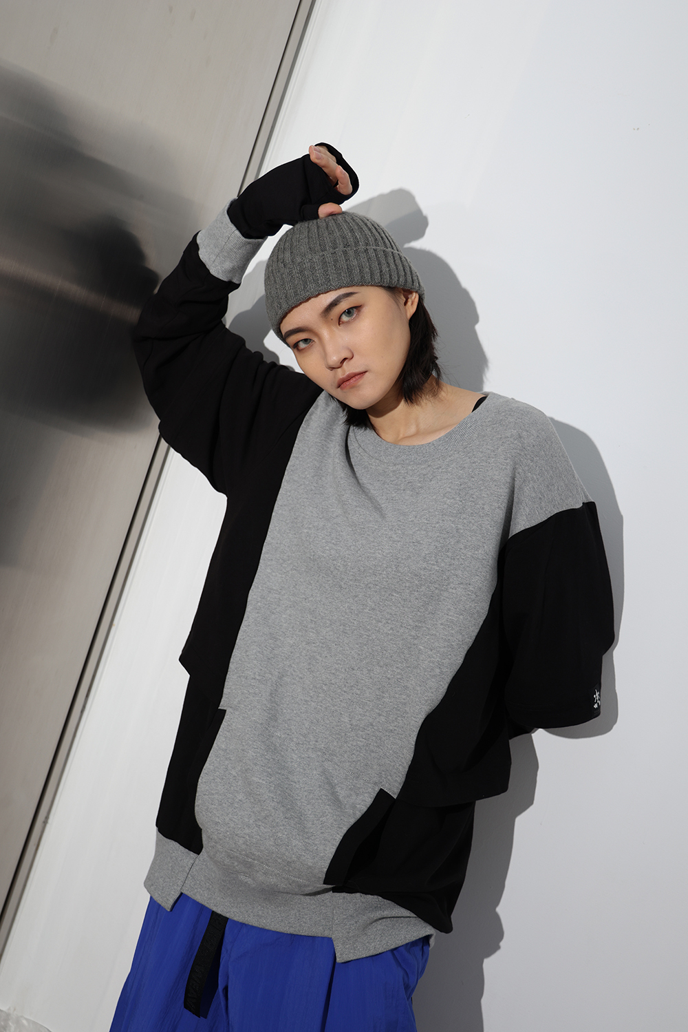 錯視假兩件長袖上衣-黑