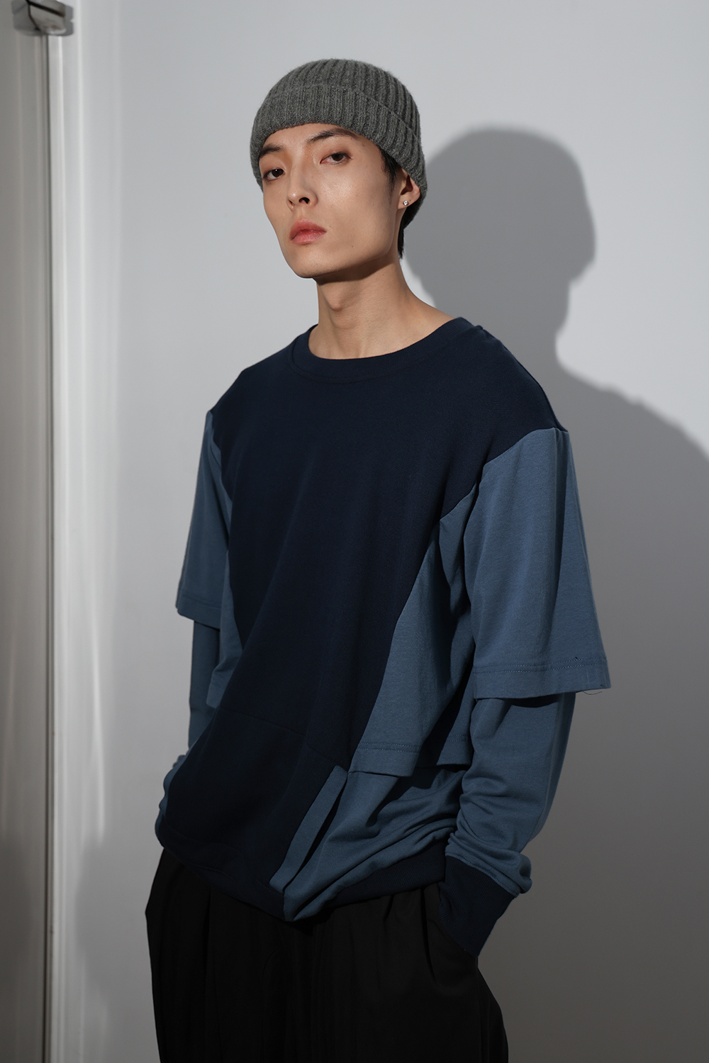 錯視假兩件長袖上衣-藍