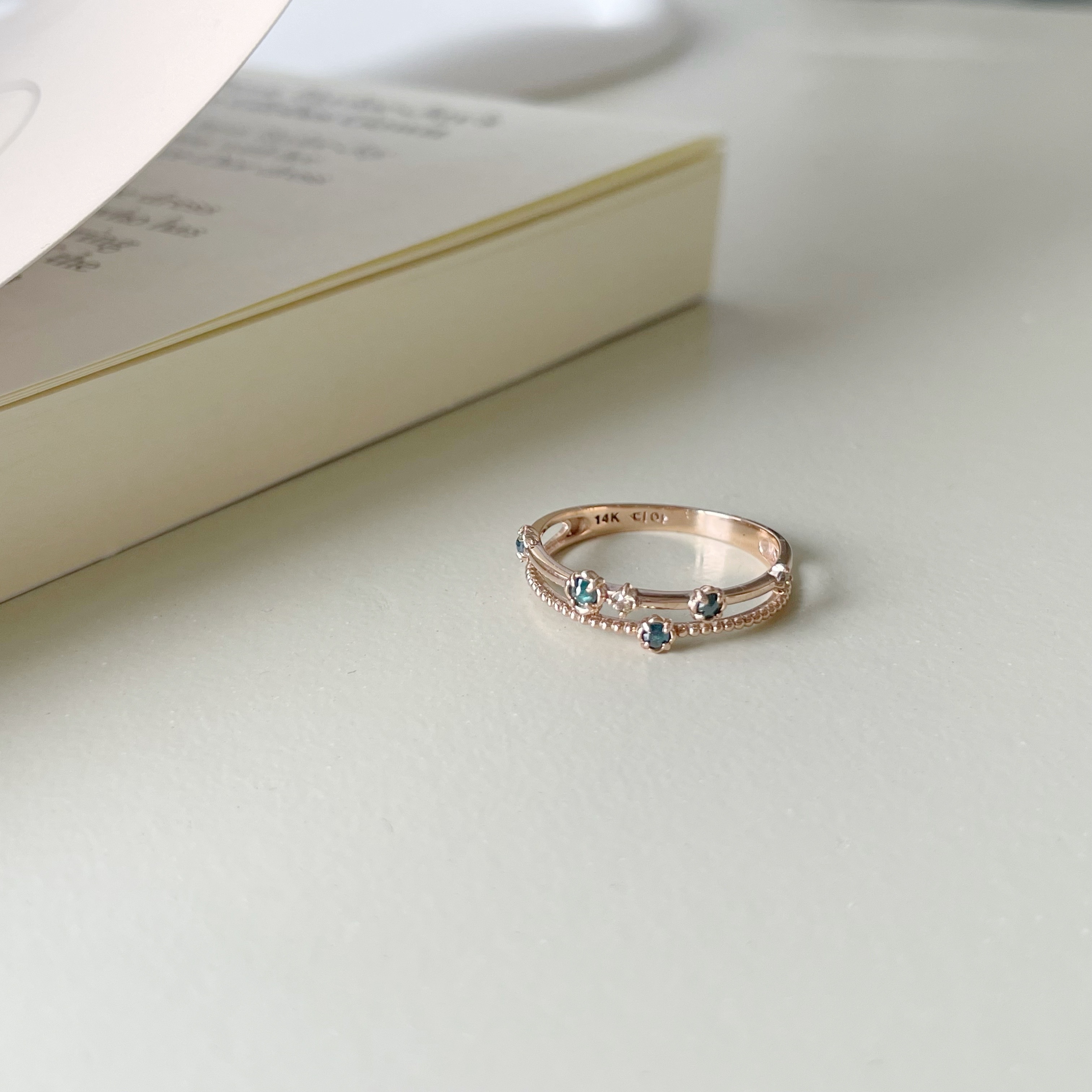 14K雙層銀河系藍鑽原礦戒指