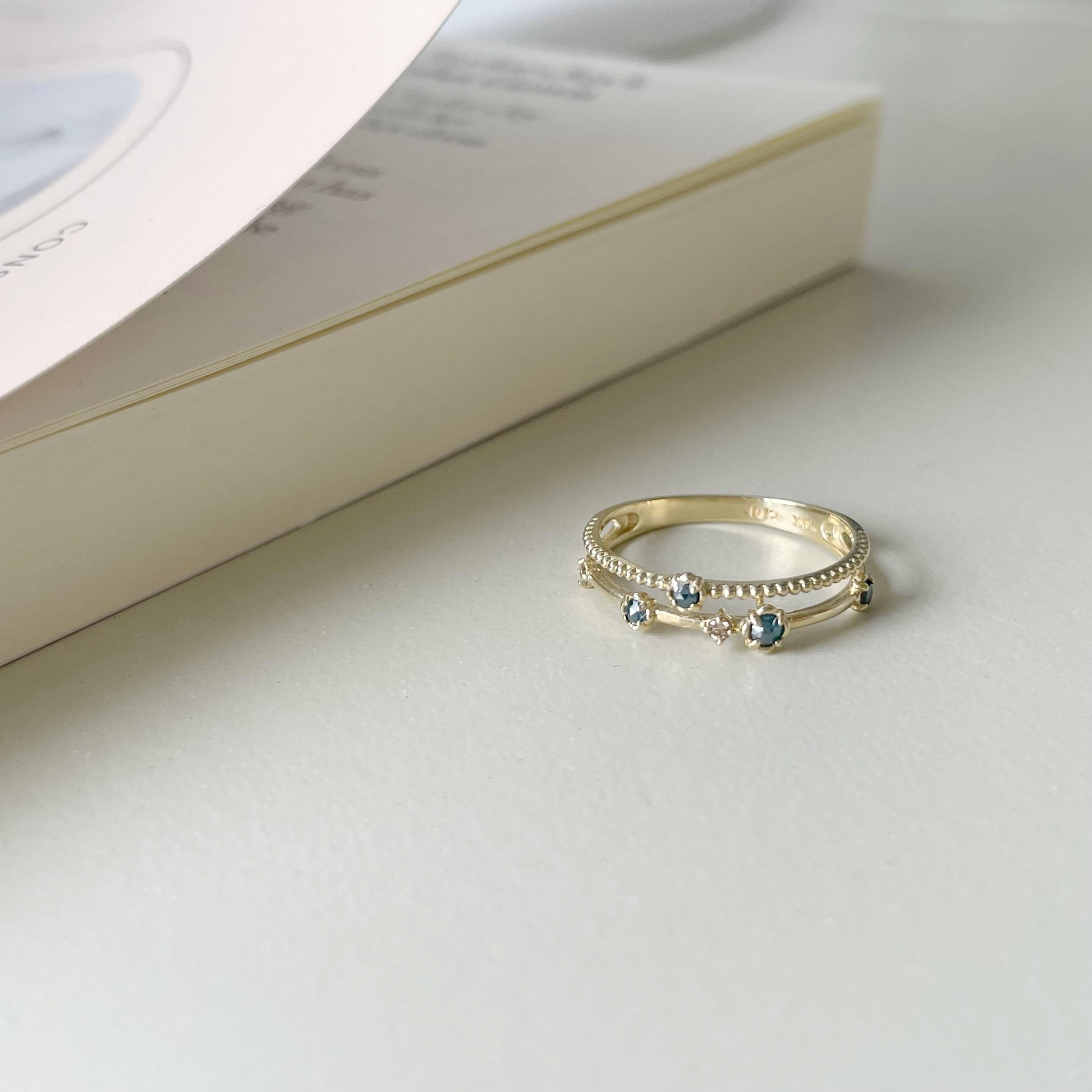 14K雙層銀河系藍鑽原礦戒指