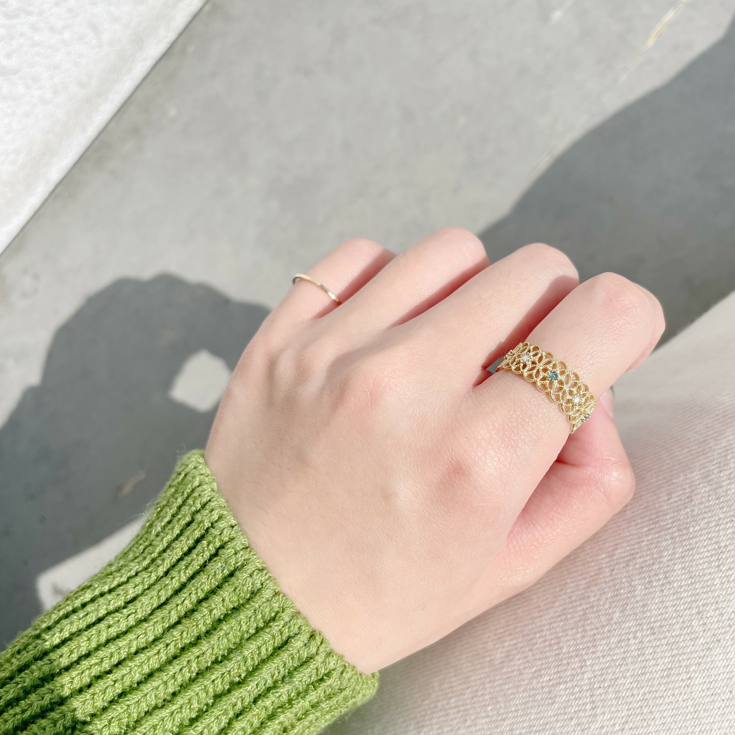 14K半圈Lace藍灰鑽寬戒