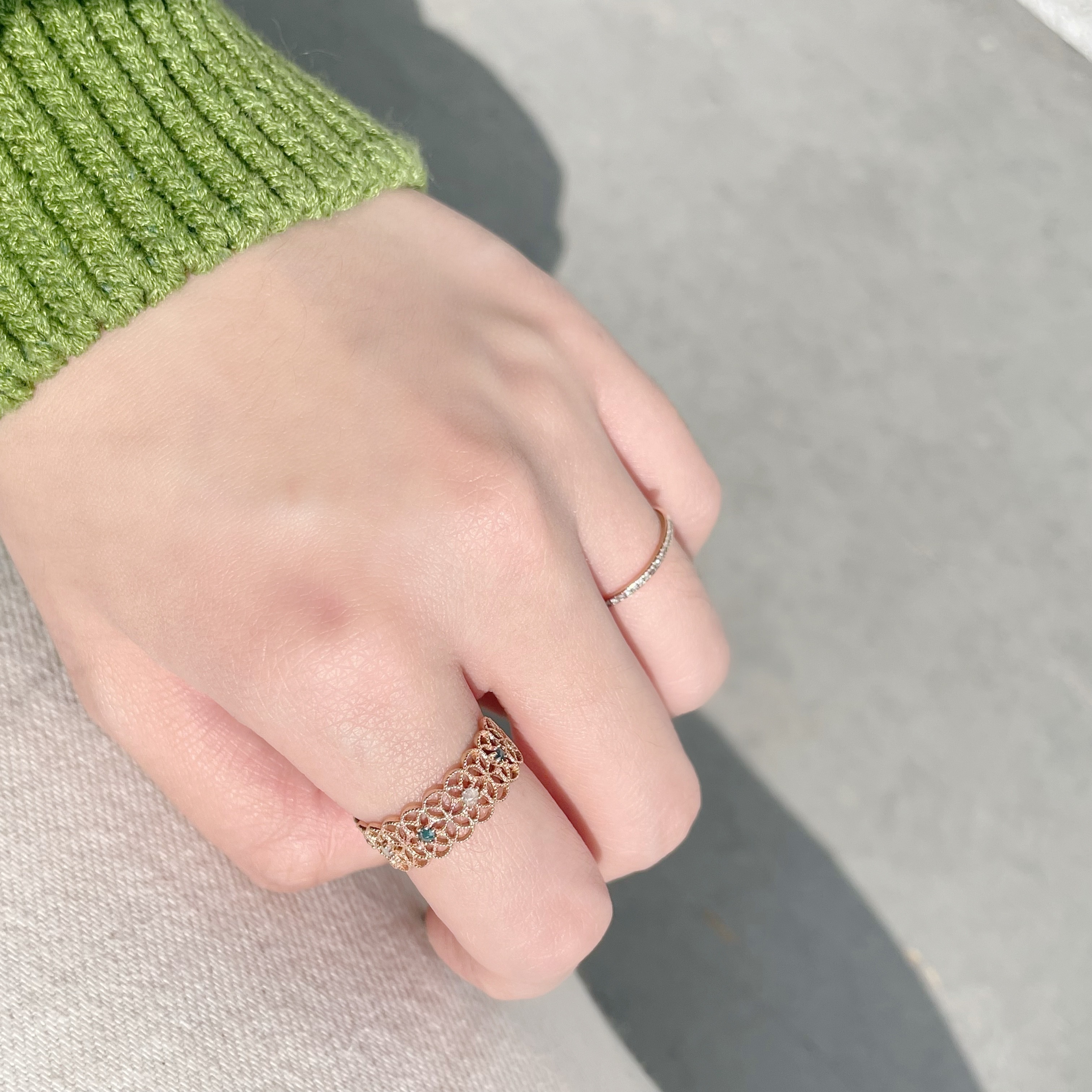 14K半圈Lace藍灰鑽寬戒