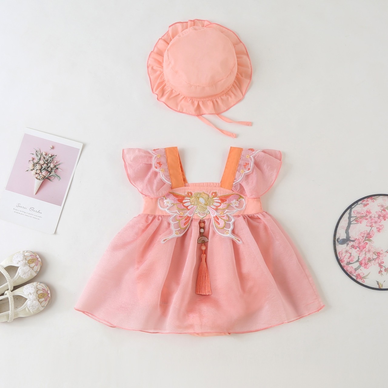 【送帽子】中國風粉色蝴蝶流蘇 包屁裙 MF