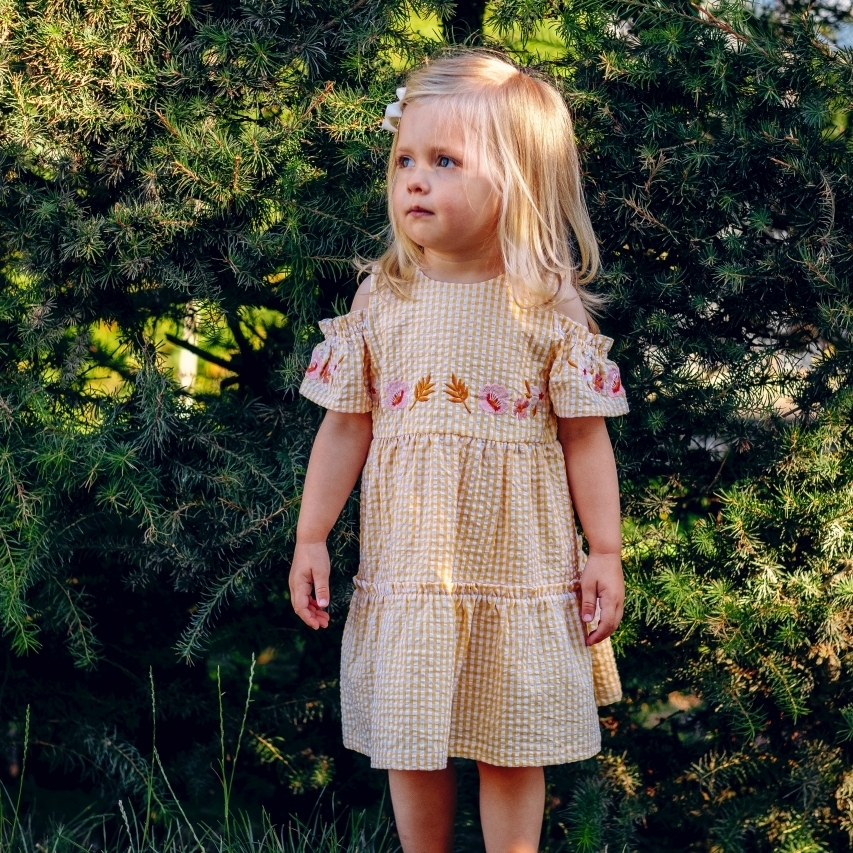 〖 Hust & Claire 〗橘色格紋刺繡花洋裝