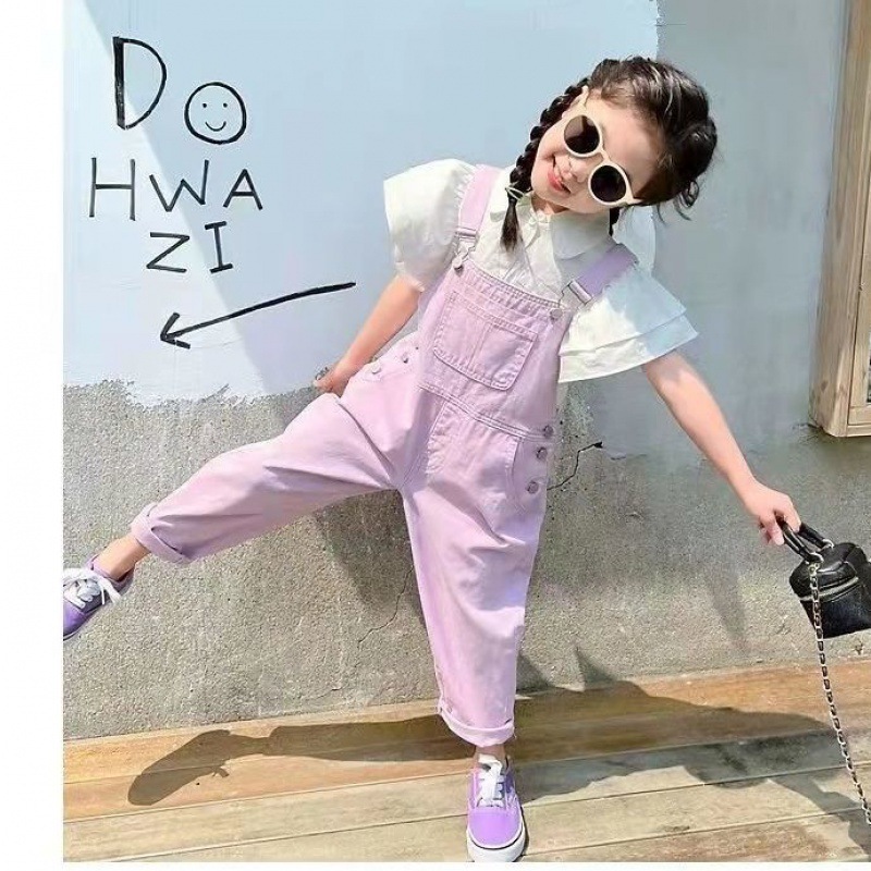 現貨 150cm <兩件組> 紫色吊帶褲 &雙層荷葉袖襯衫