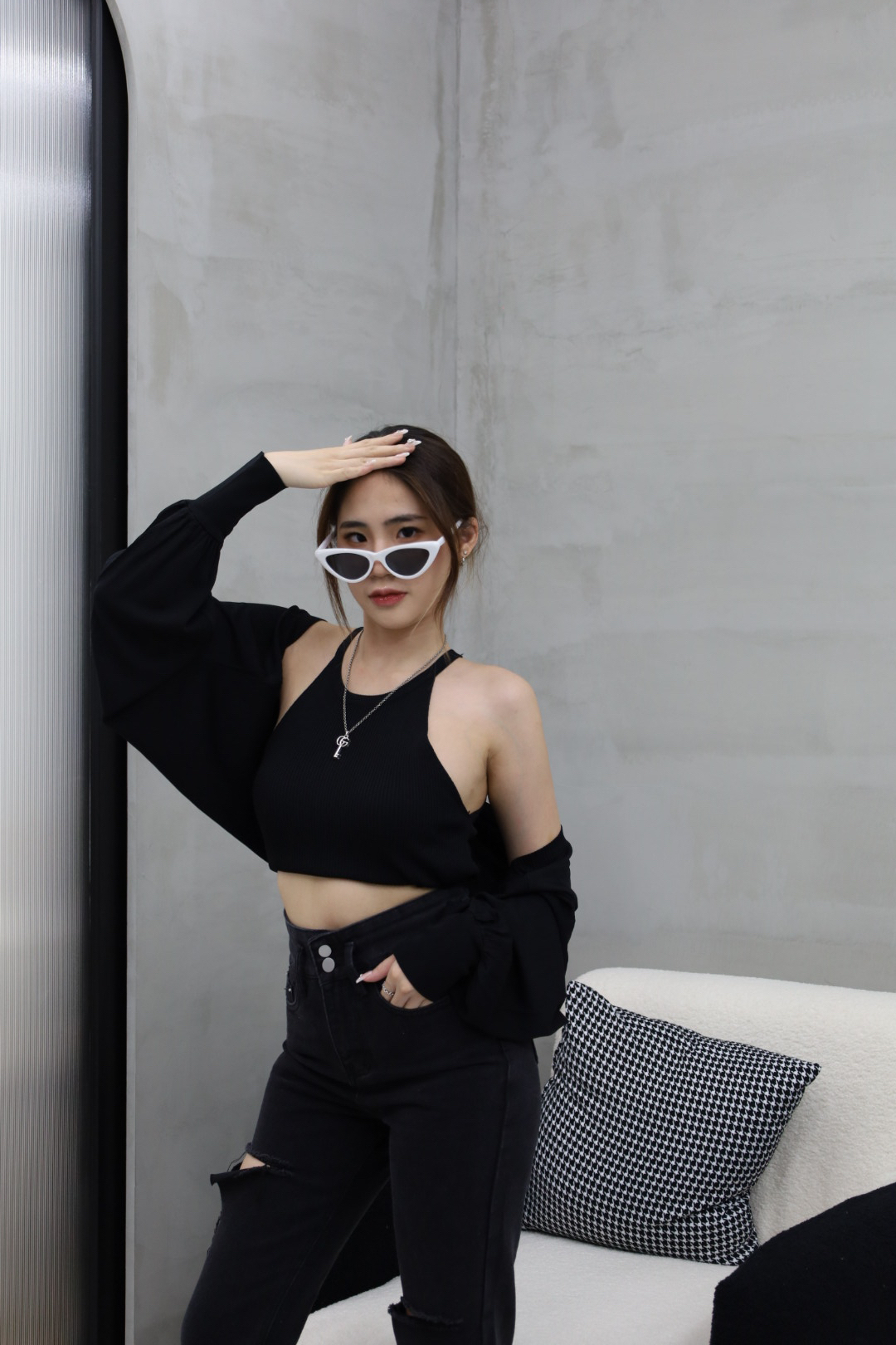 削肩兩件式針織上衣