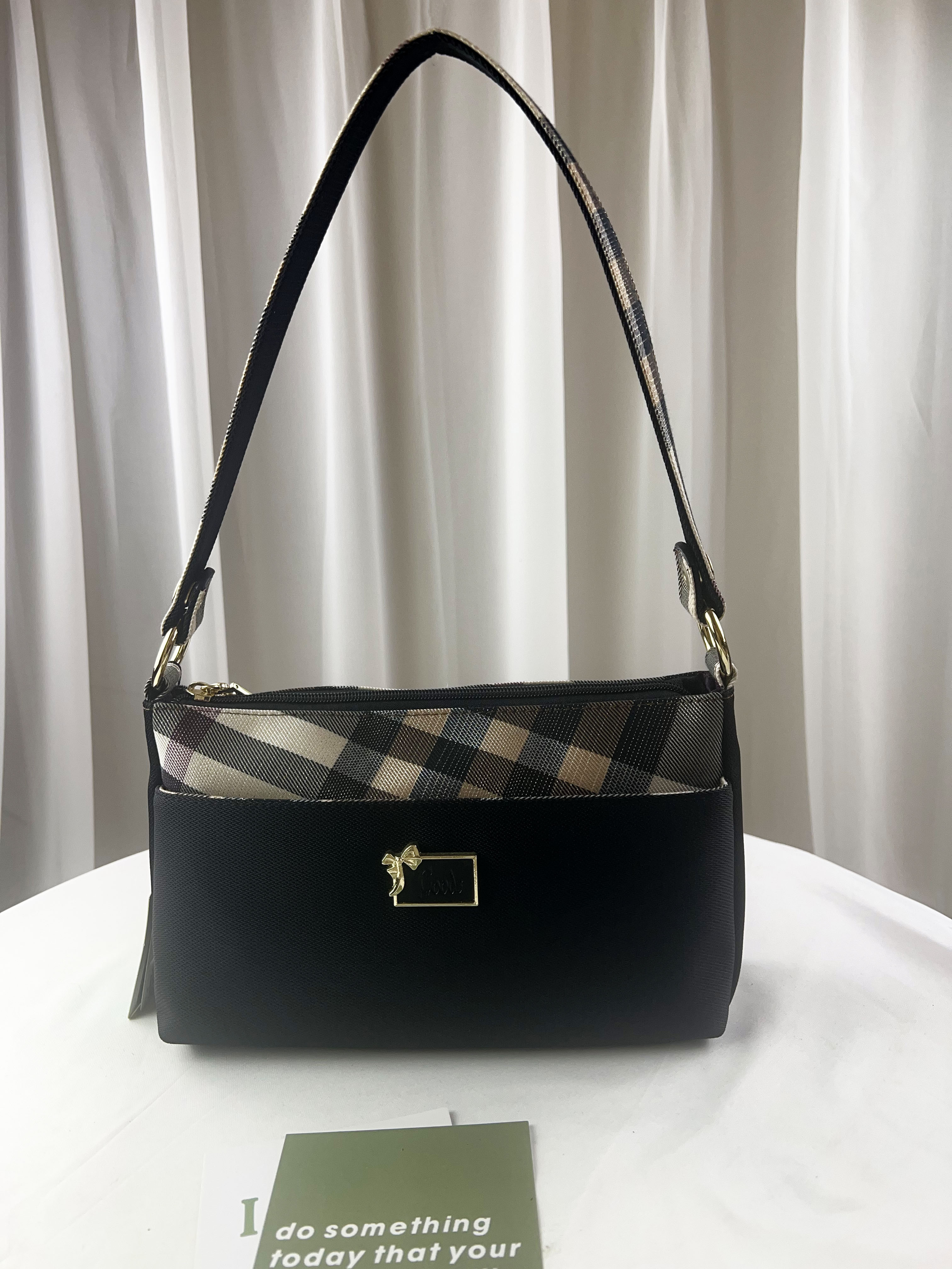 GOODS 金線大格黑拼色手提包 / 側背包 #2048