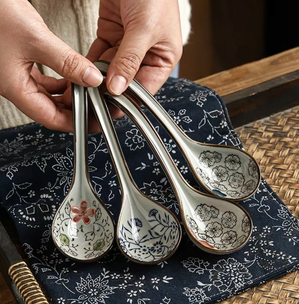 釉下彩和風彎柄湯勺(四件組)