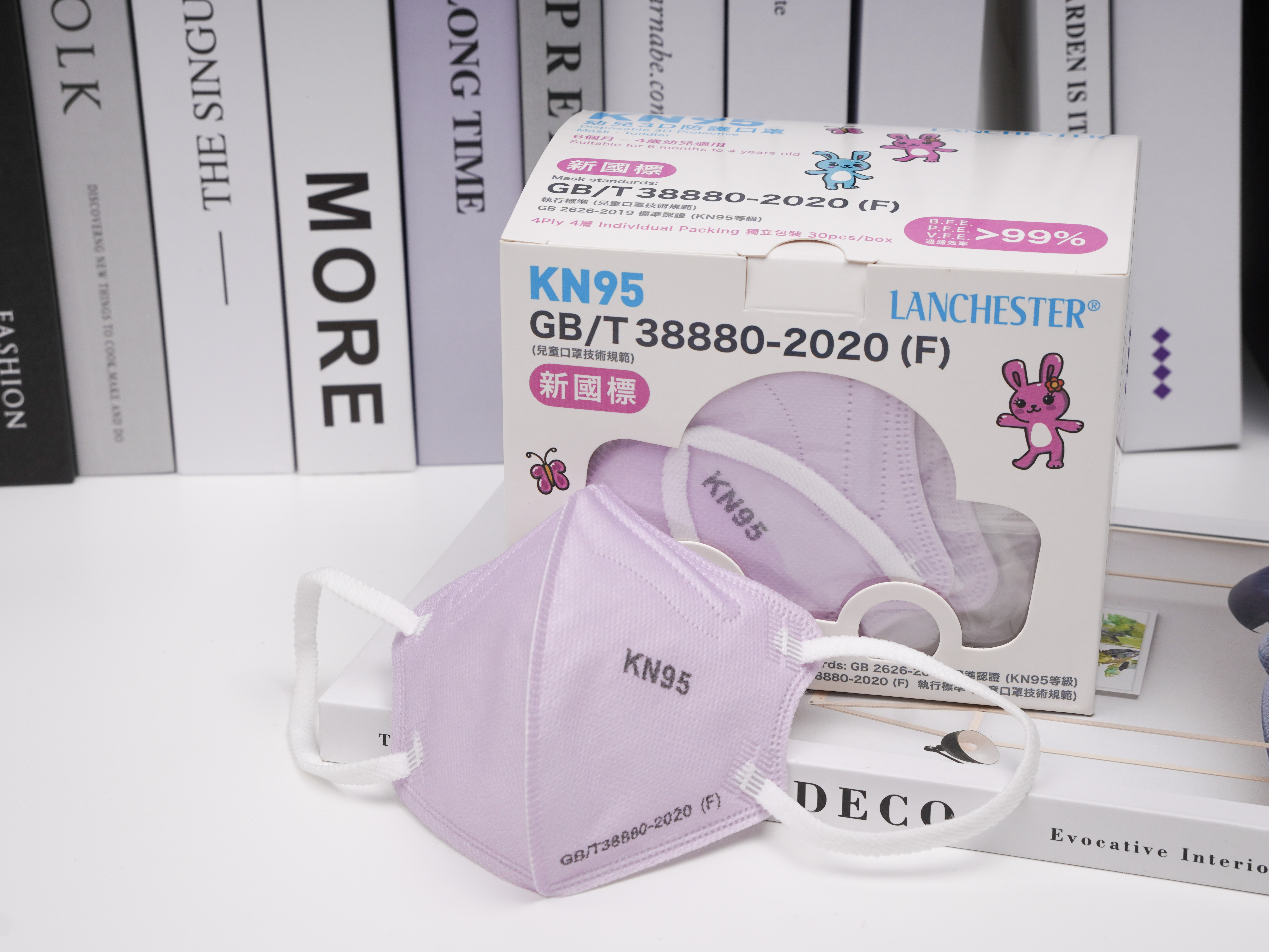 【KN95系列】Lanchester 幼兒四層立體KN95防護口罩 三十片 獨立包裝(淺紫色)(醫用級)(證書認證/信心保證)