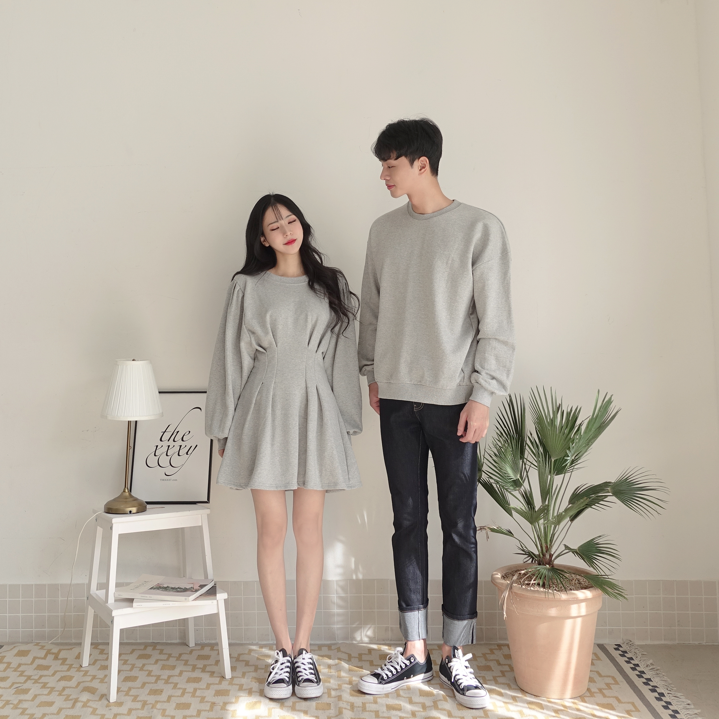 暖感休閒情侶裝｜男款圓領衛衣 / 女款蓬袖洋裝