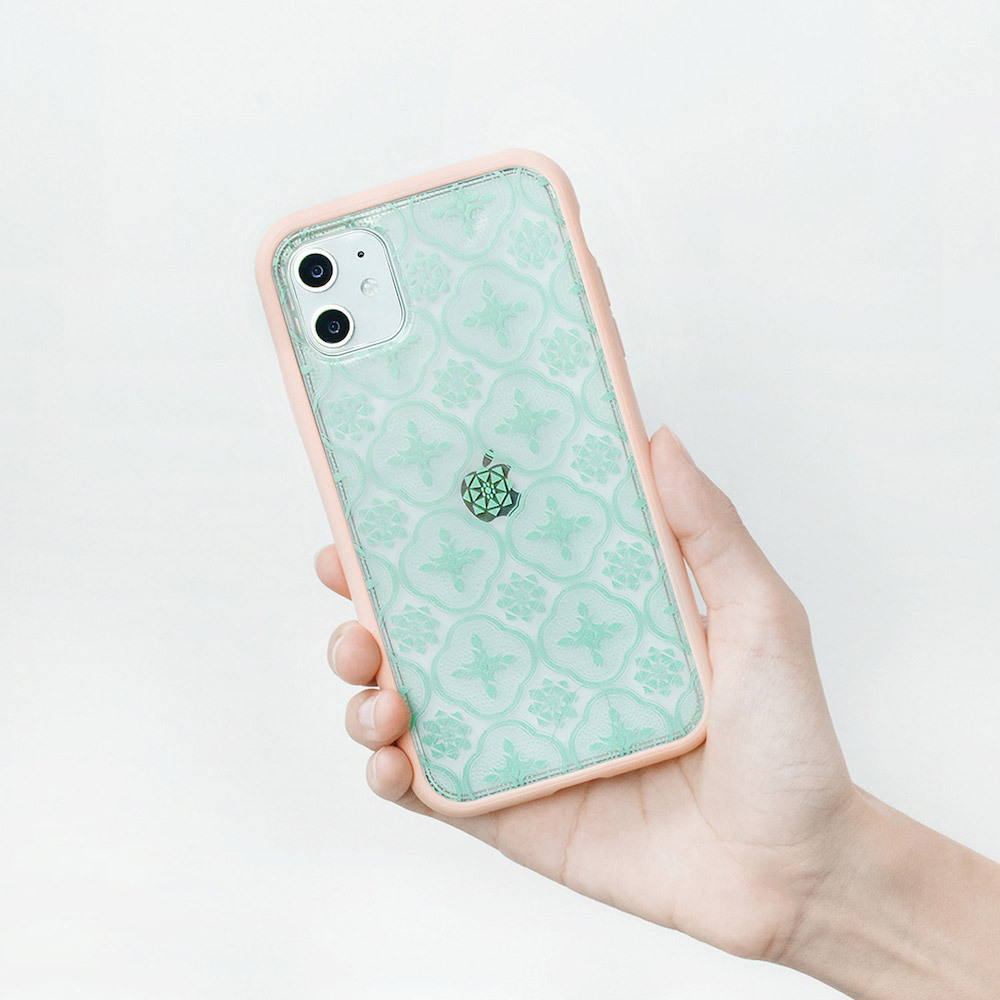 【現貨】印花樂X犀牛盾NX邊框背蓋兩用殼-玻璃海棠/背蓋透明粉綠(小)