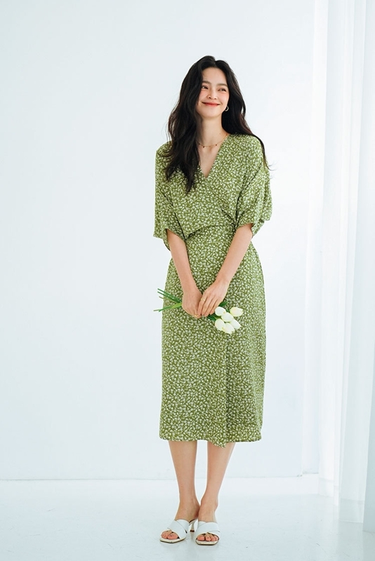 蝙蝠袖印花洋裝 綠色