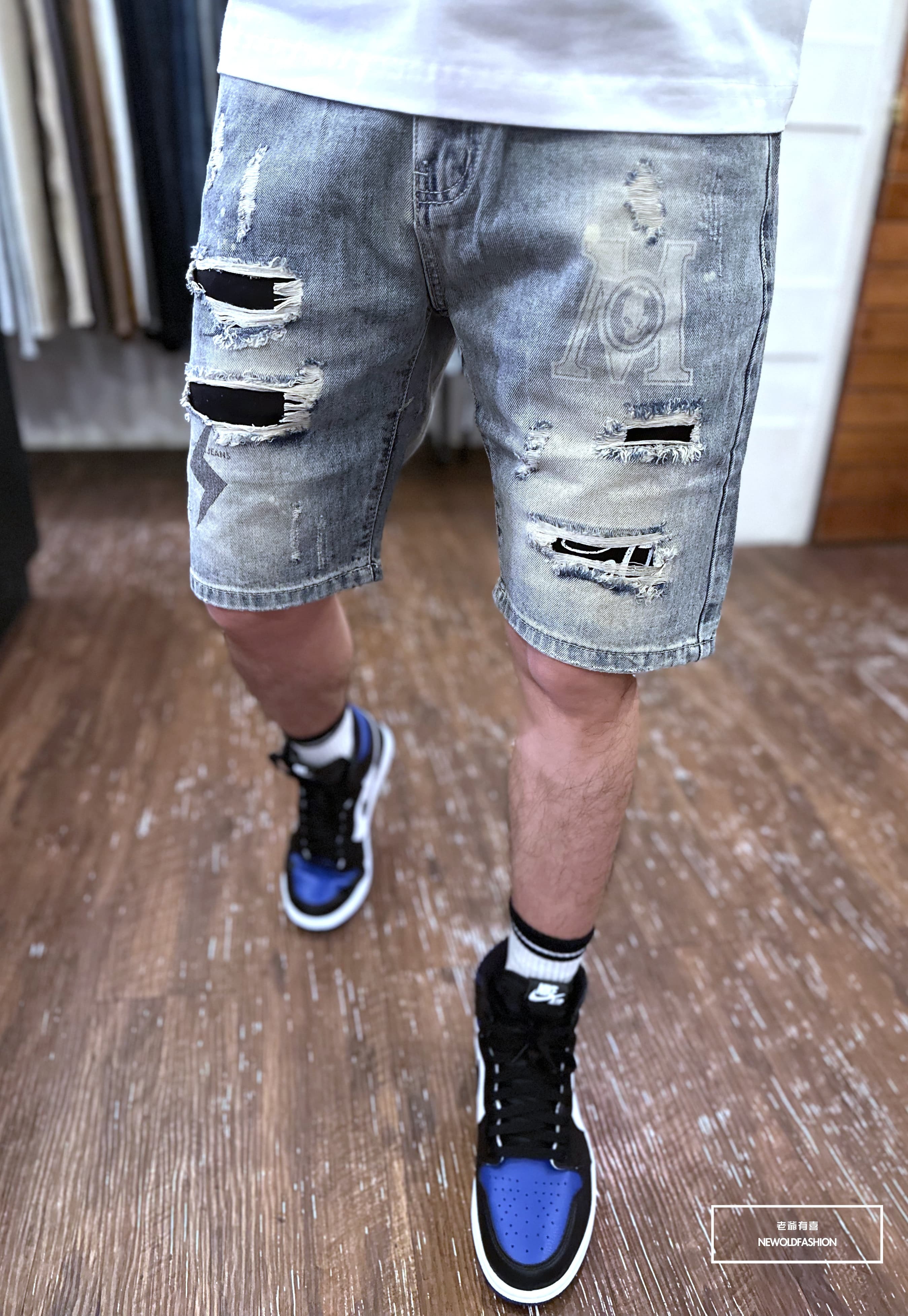 『新品上市』重磅閃電M補丁破壞牛仔短褲(NOF2303182)