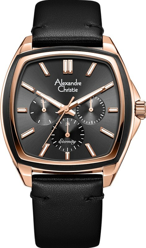 萬年鐘錶 - Alexandre Christie  6616BF系列   酒桶圓弧三眼皮革女錶  AC手錶  6616BFLRGGRBA-SET 錶徑38MM