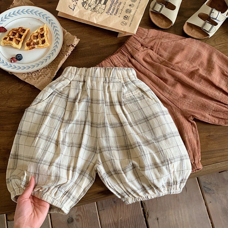 日系棉麻格子五分褲