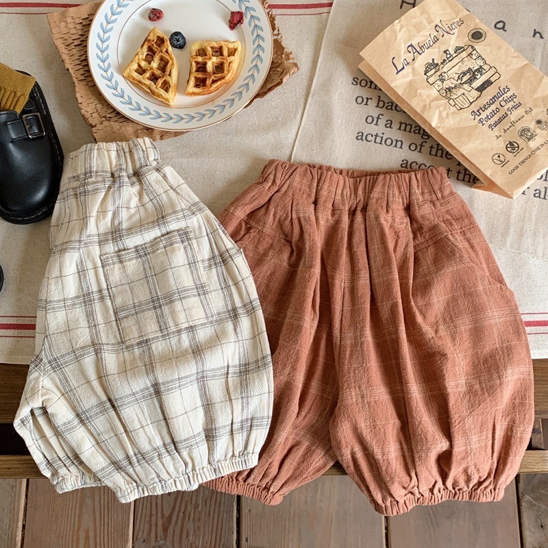 日系棉麻格子五分褲