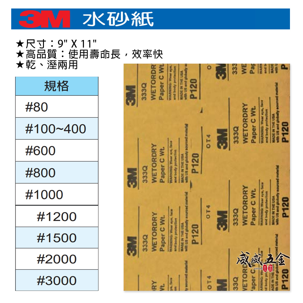 每本 50張｜3M 333Q 美國製｜乾、溼兩用水砂紙 高品質 表面加工 精細研磨 效率快 乾濕兩用｜公司貨