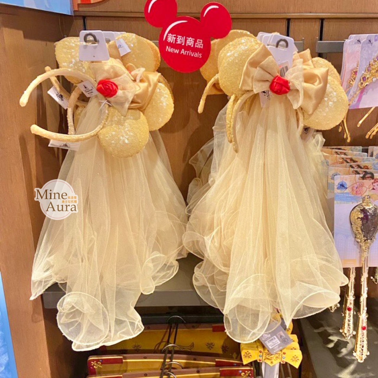 貝兒公主 Belle 立體 玫瑰蝴蝶結 造型 頭紗 黃色亮片 髮圈 髮箍 婚紗款 美女與野獸 Beauty and the Beast -上海迪士尼樂園