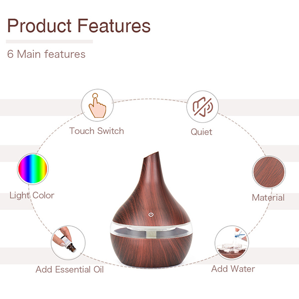 Korea JK New Dark Wood Grain 300ml Humidifier Colorful Night Light Aroma Diffuser Atomizer USB Household Humidifier Hydrating Instrument Desktop Humidifier (J0891)