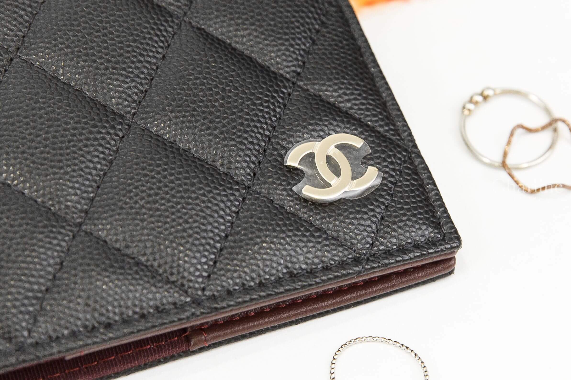 Chanel Passport Holder 黑色金CC荔枝菱格紋酒紅內裡護照夾