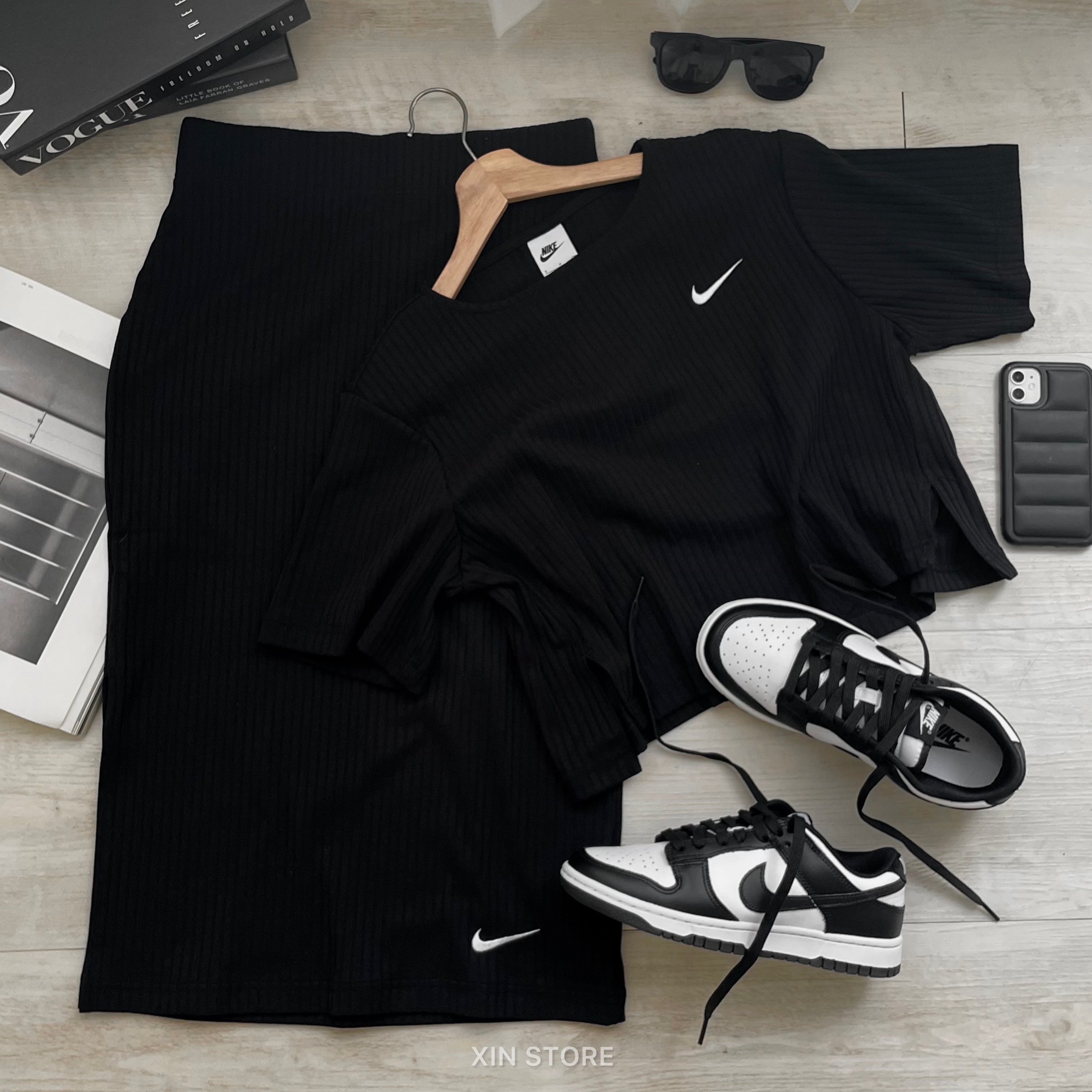 【現貨】Nike W NSW 單勾 螺紋 短版 短Tee 長裙 窄版 套裝 黑 米白