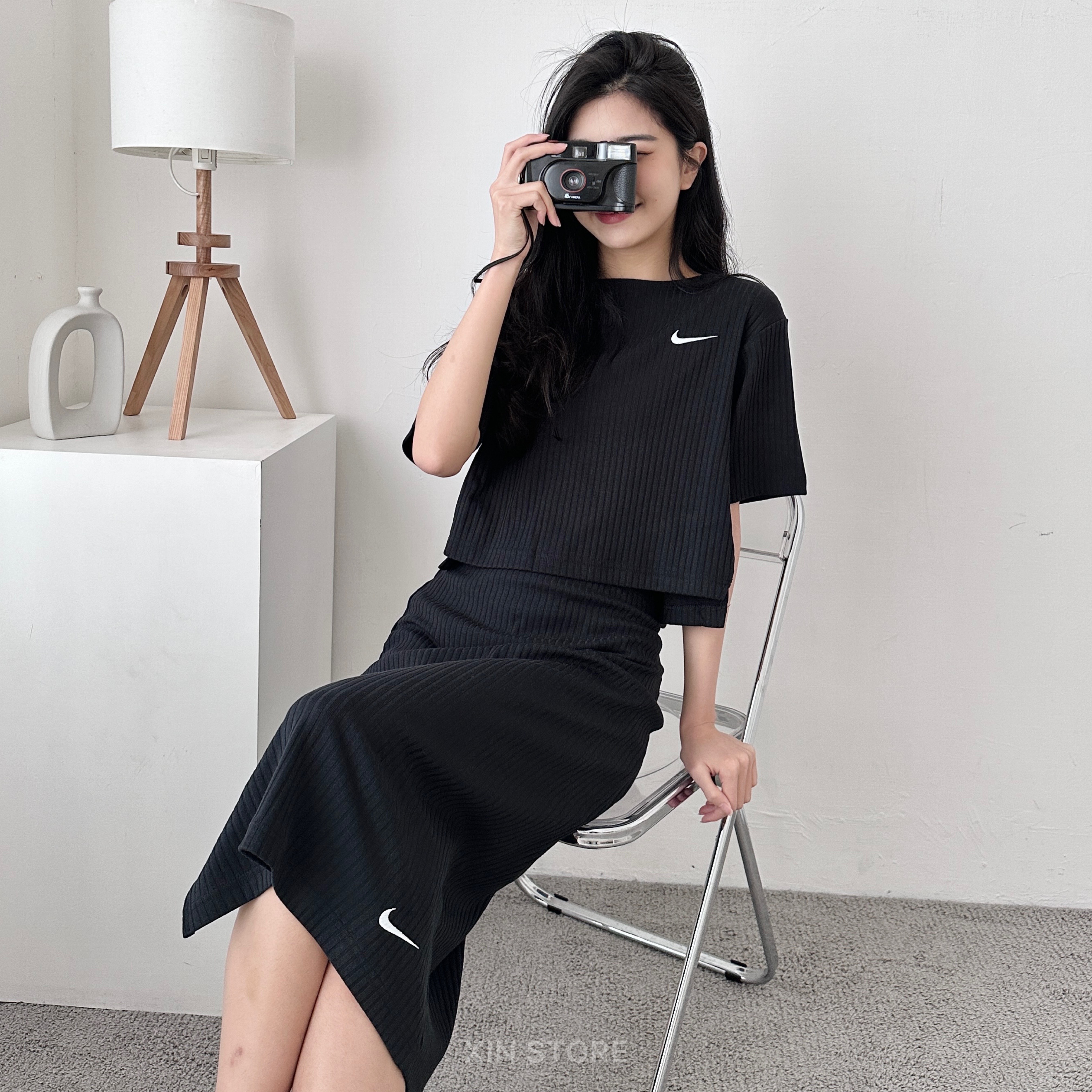 【現貨】Nike W NSW 單勾 螺紋 短版 短Tee 長裙 窄版 套裝 黑 米白