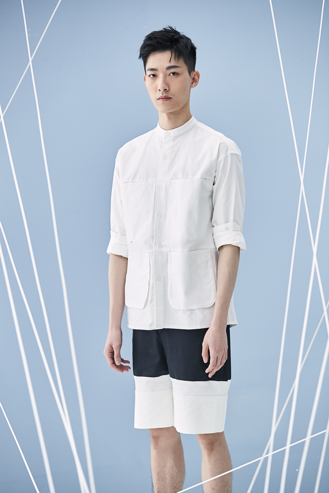 拚色剪接斜門襟短褲