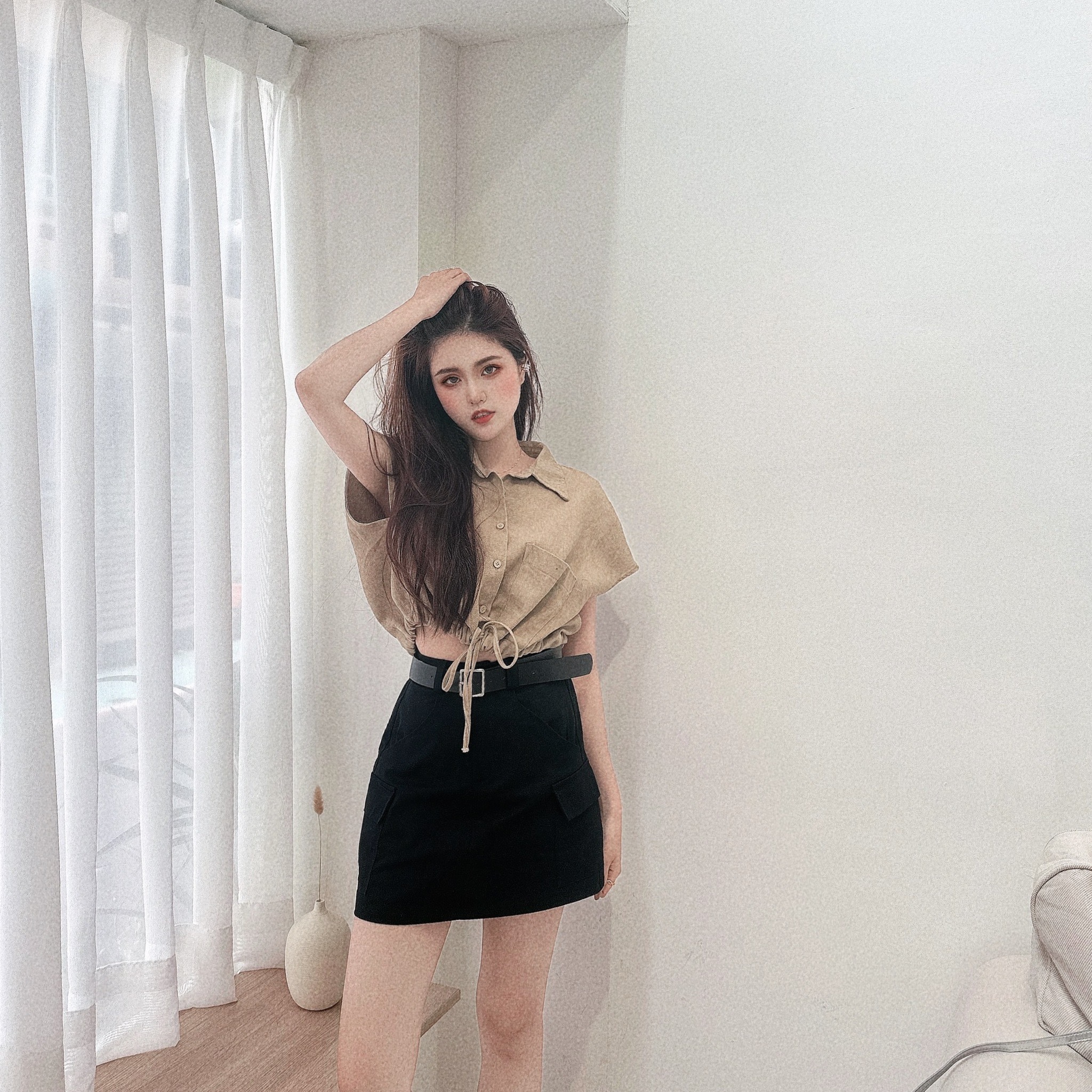 斜紋下縮要斜切袖上衣/三色