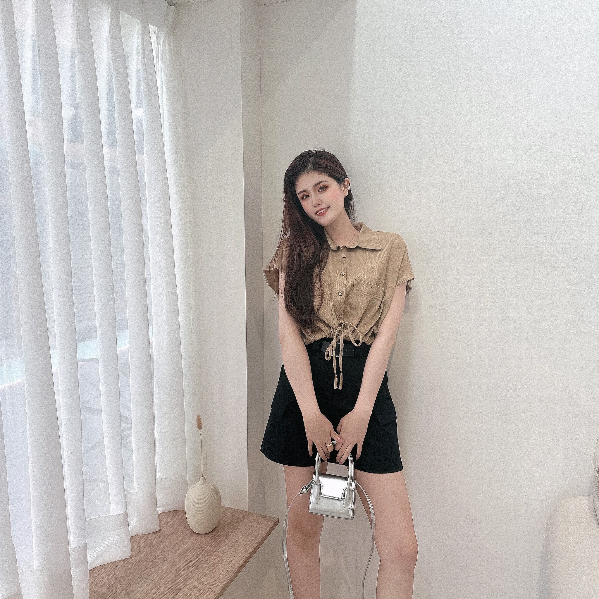 斜紋下縮要斜切袖上衣/三色