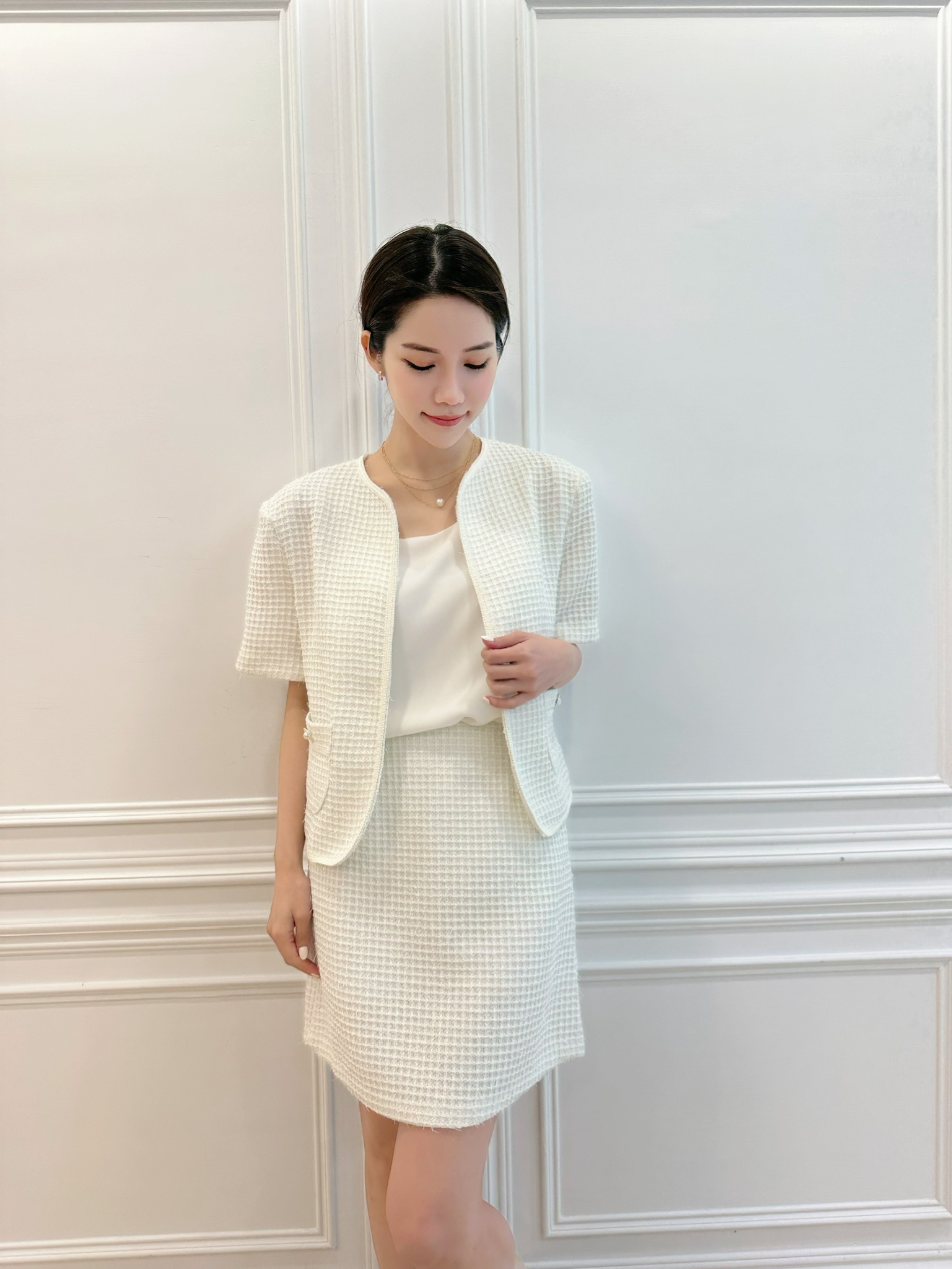 無領織紋褲裙套裝(質感白)