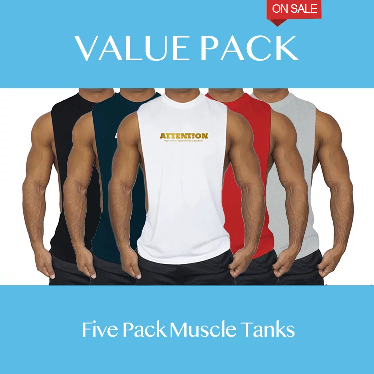 Attention 運動挖背背心【黑/灰/白/紅/深藍 超值五件組】