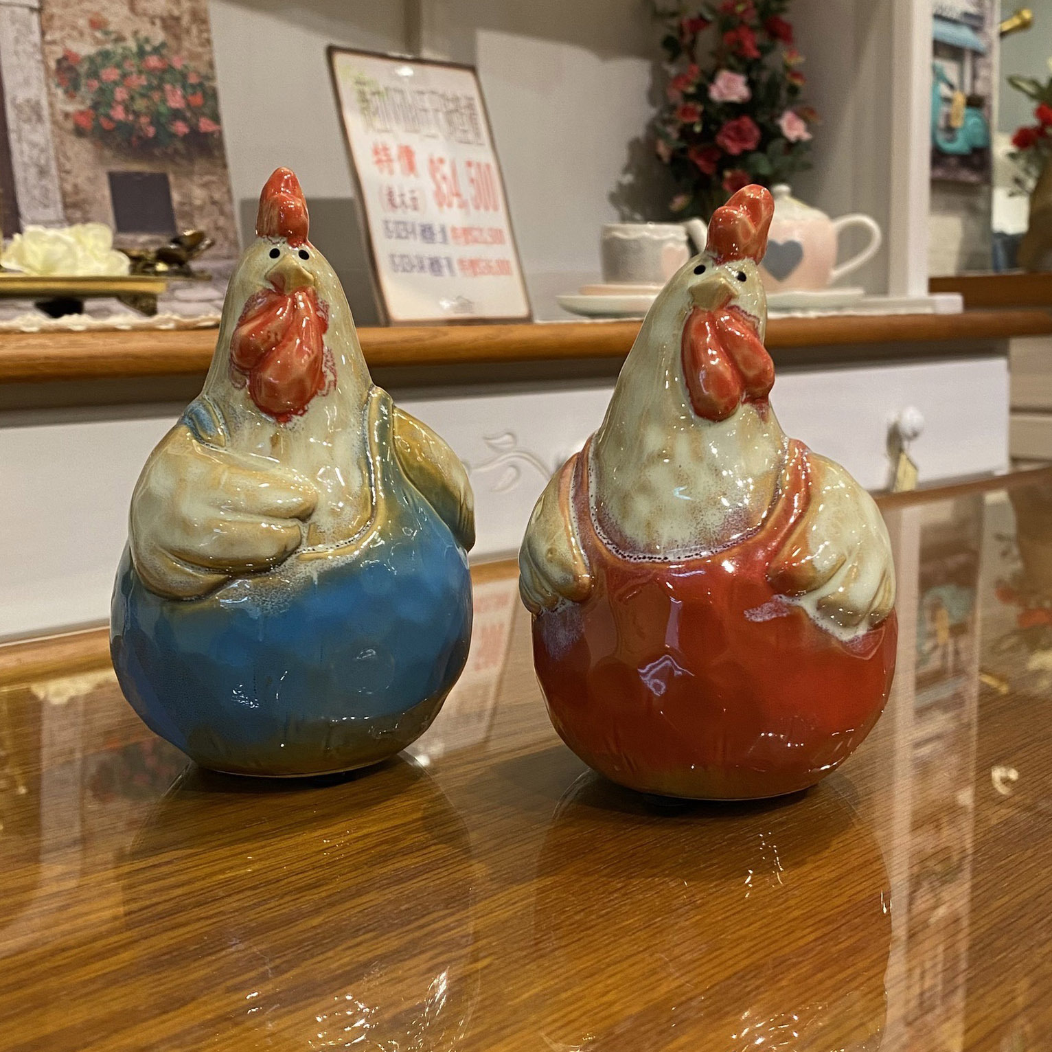 陶藝擺件-紅藍對雞