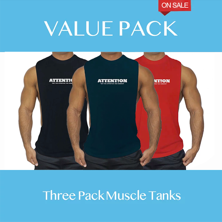 Attention運動挖背背心【黑/紅/深藍 超值三件組】