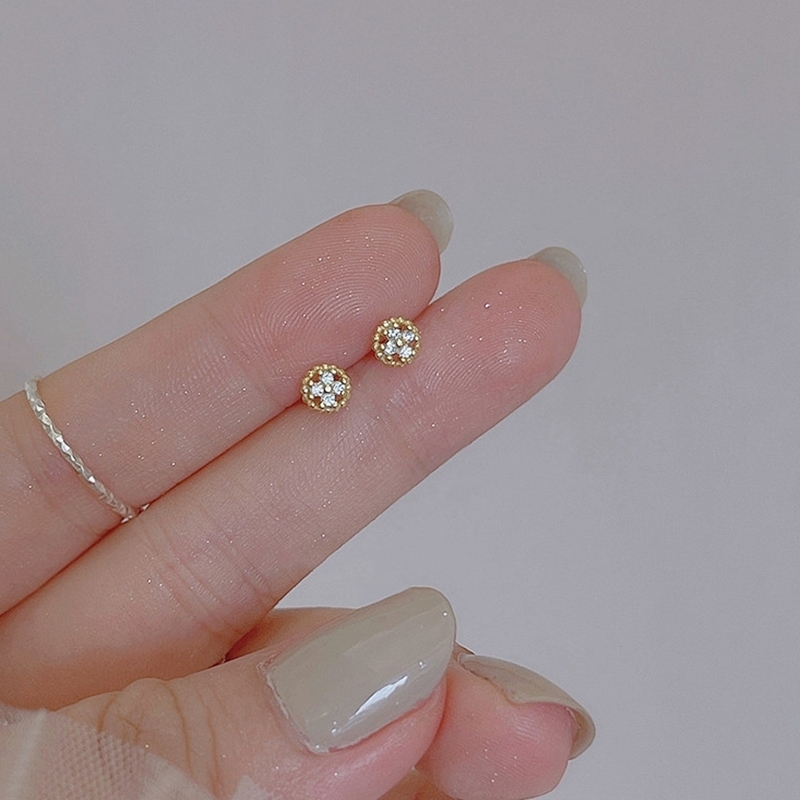 十字小花圓耳環 金色