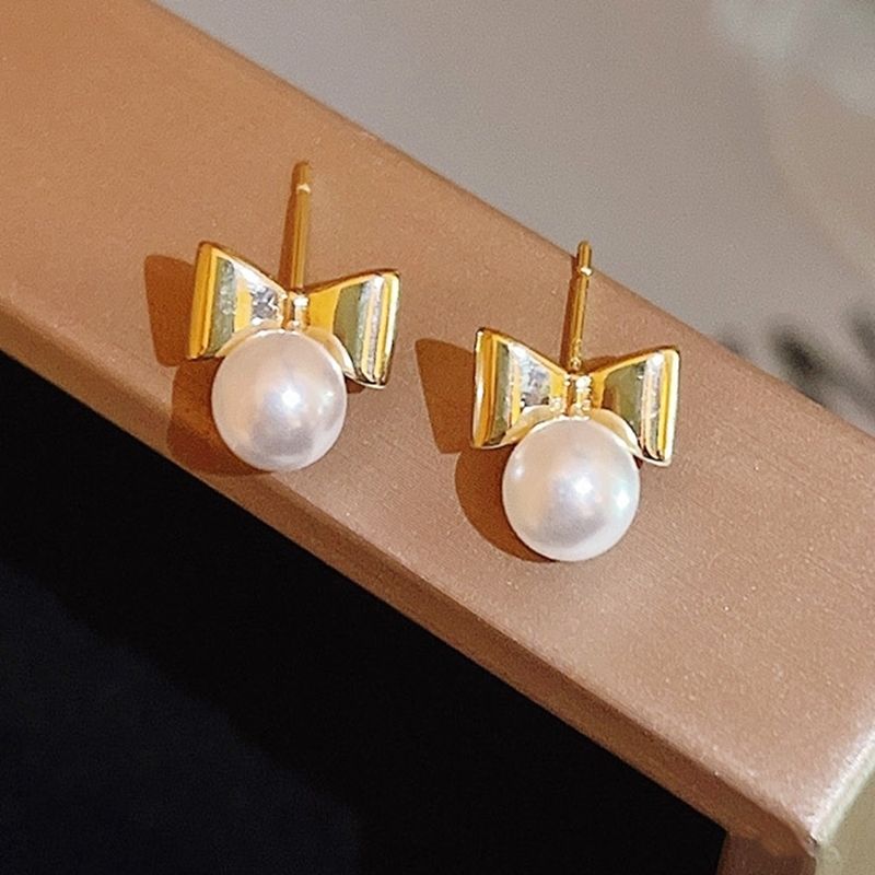 蝴蝶結珍珠耳環 金色