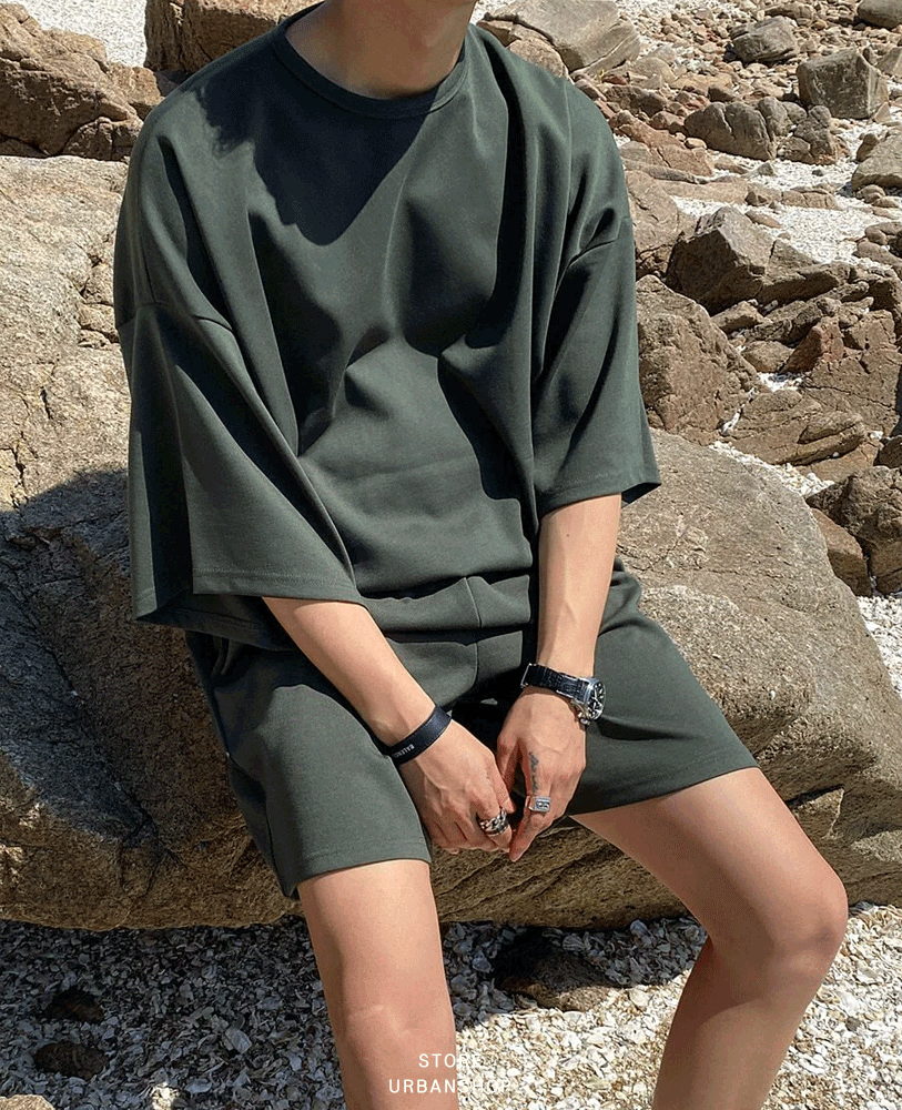 落肩五分袖套裝 / 綠色 / 不提供退換貨