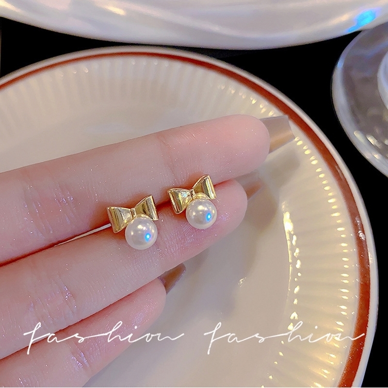 蝴蝶結珍珠耳環 金色