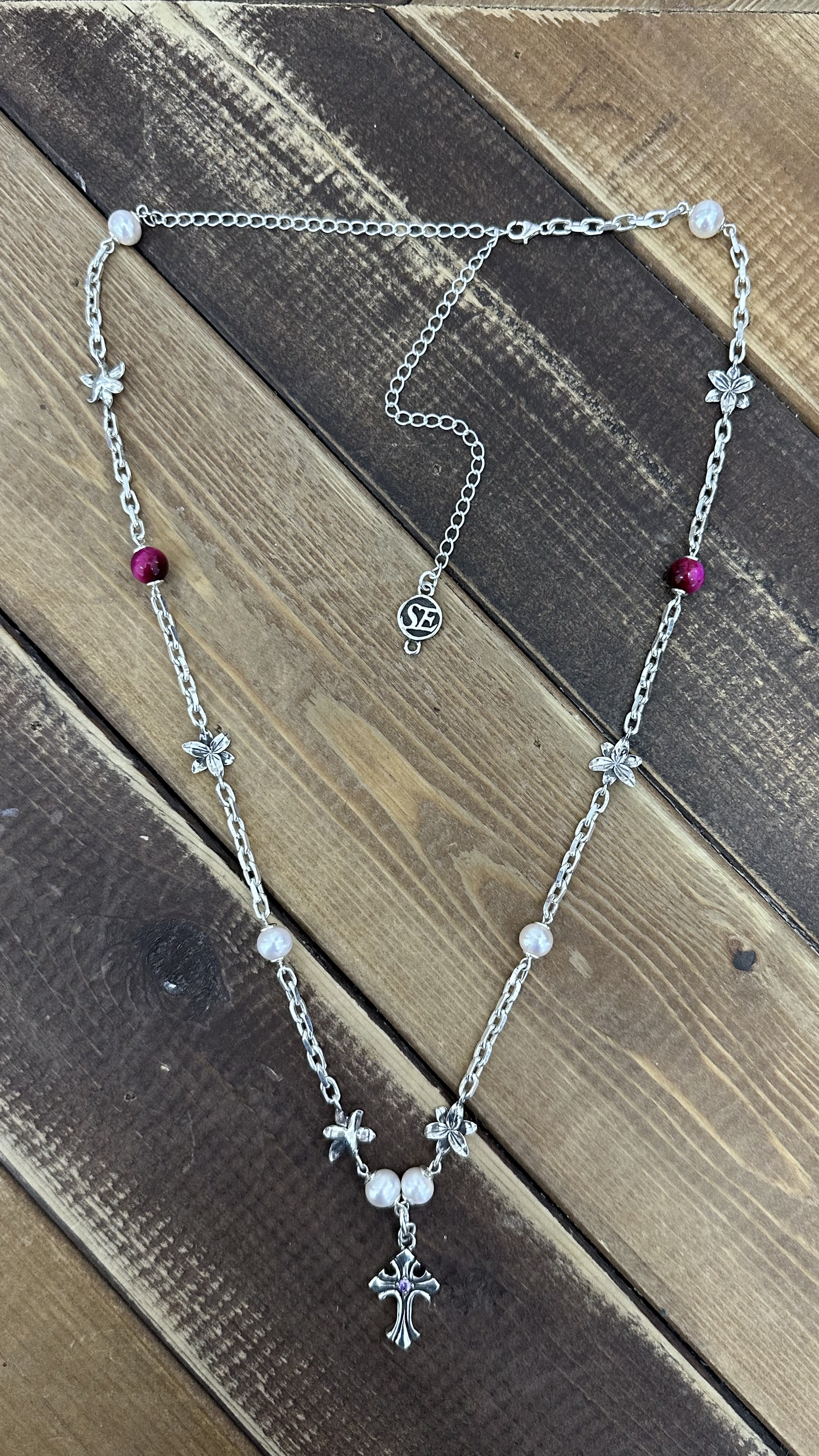Cross Lilly Pearl&Pink Tigereye Necklace