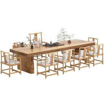 當季新品 唐漢禮居（TONDYLIVE）新中式北美白蠟木雙拼大板泡茶桌禪意辦公室茶台家用桌椅茶几組合 160cm桌子+主人椅+客椅5把