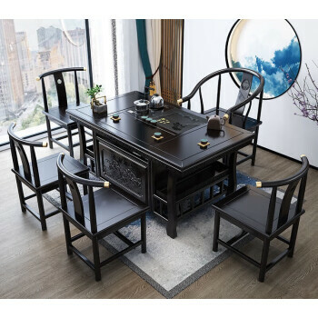 當季新品 美羅仕實木茶桌一桌五椅辦公室實木茶几小戶型客廳家用功夫泡茶台一體 [木茶盤+銅套]1.5桌1圍5月牙