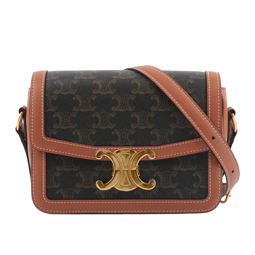 【CELINE】TEEN TRIOMPHE 塗層帆布及小牛皮凱旋包(棕褐色)