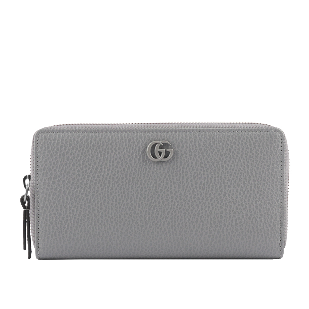 【Gucci】GG Logo 荔枝皮革ㄇ形拉鍊長夾(灰色)