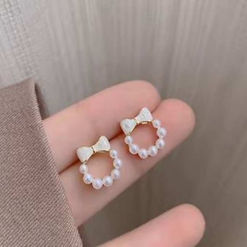 蝴蝶結珠環耳環 金色