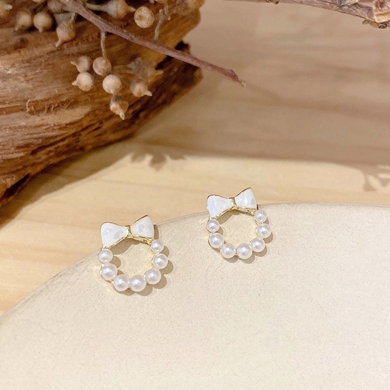 蝴蝶結珠環耳環 金色